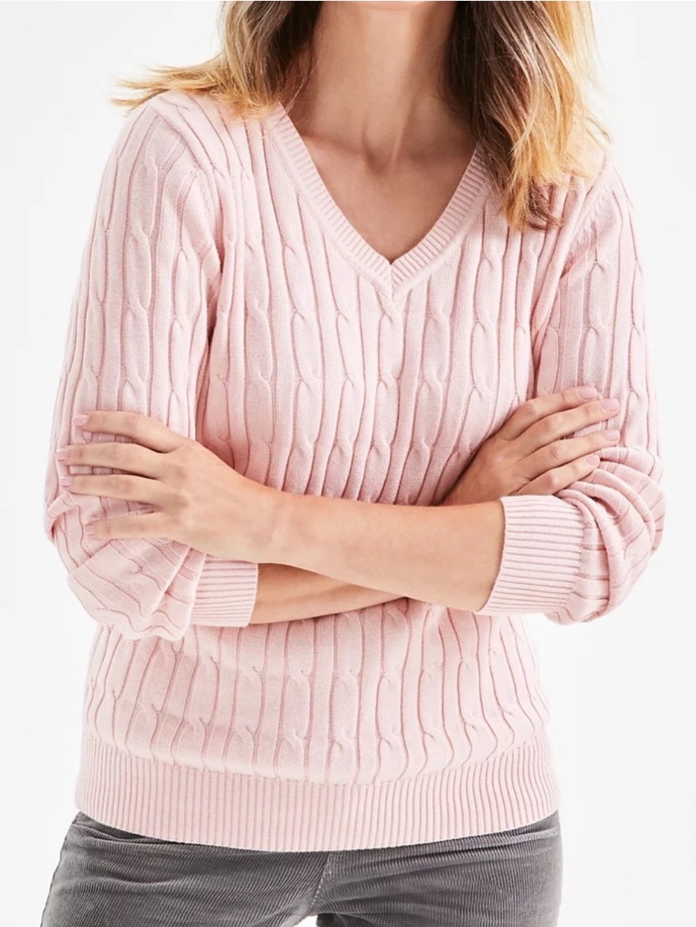 KOHL’S V Neck Cotton Sweater Blush Pink Cable Knit Lightweight Medium